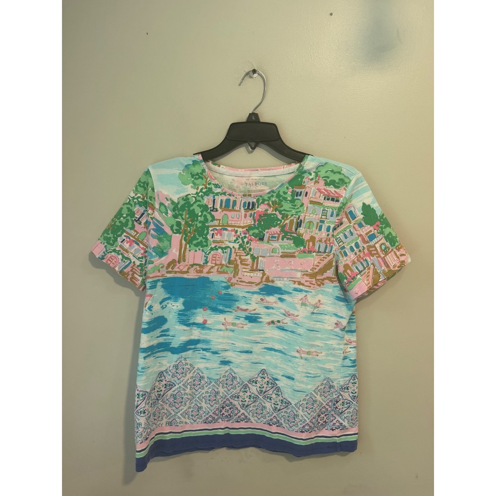 Talbots Scenic Coastal Print Tee Short Sleeve Cotton Spandex Blue‎ Pink Large